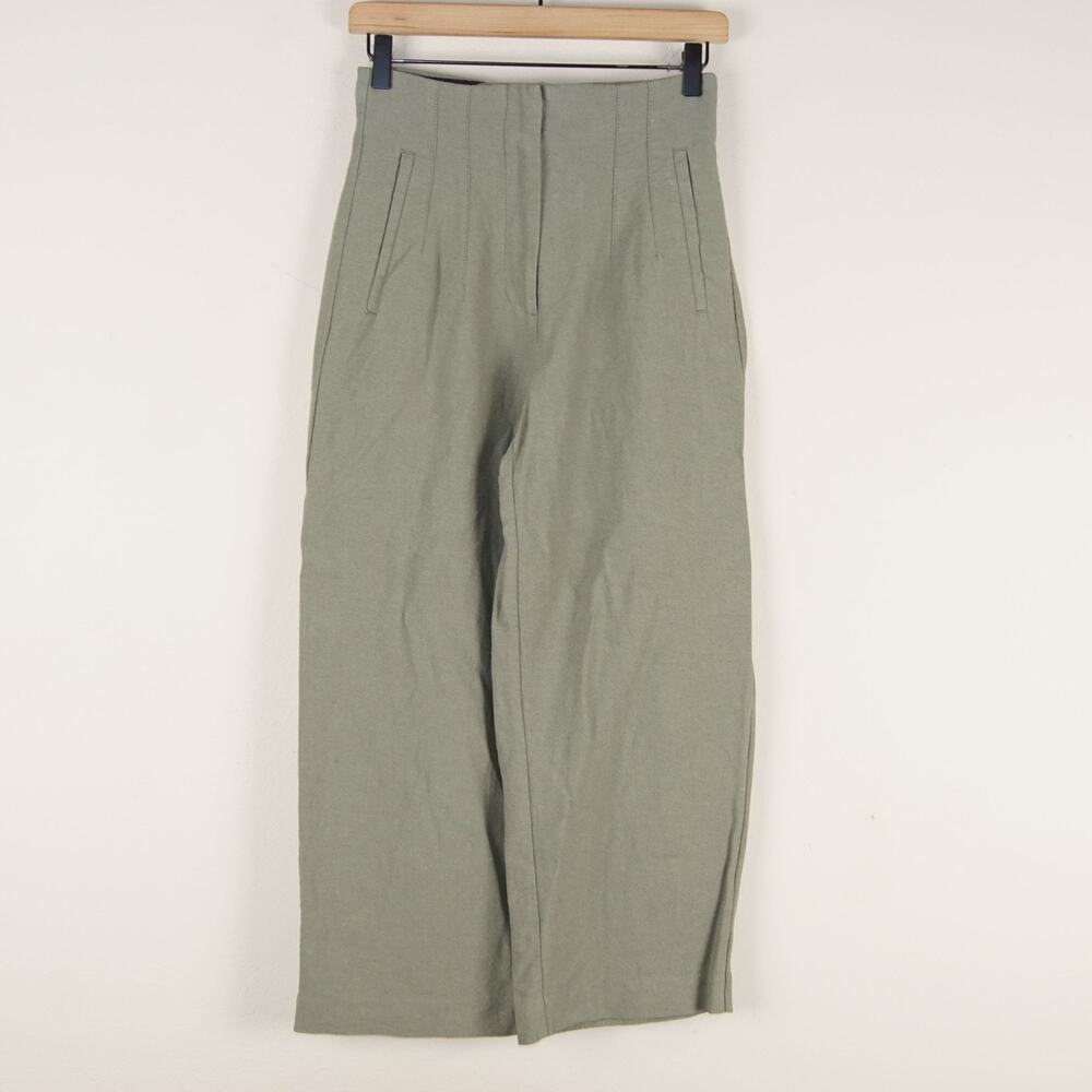 Zara Linen Blend Green Straight High Waist Structured Darted Cropped Pants Sz S
